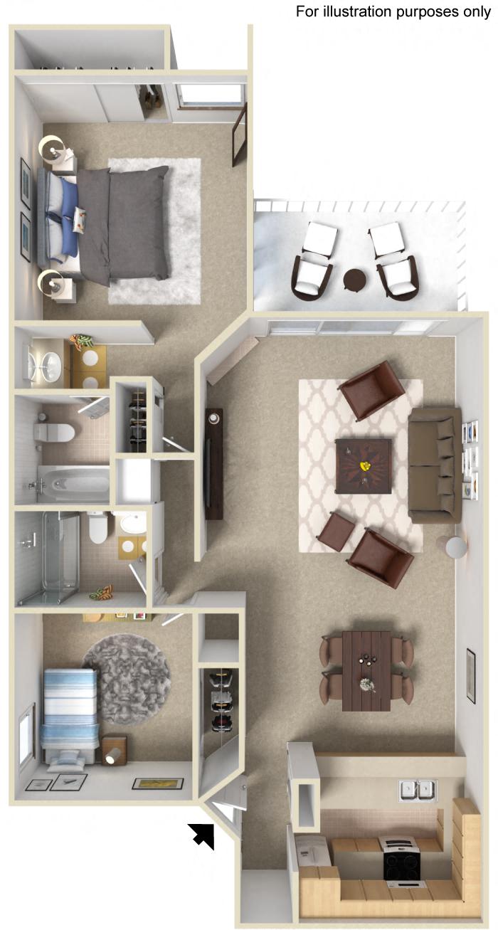 Floor plan for 2 beds, 2 baths, 1022 sqft